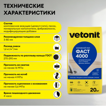 Наливной пол универсальный Vetonit фаст 4000 20 кг Наливной пол универсальный Vetonit фаст 4000 20 кг
